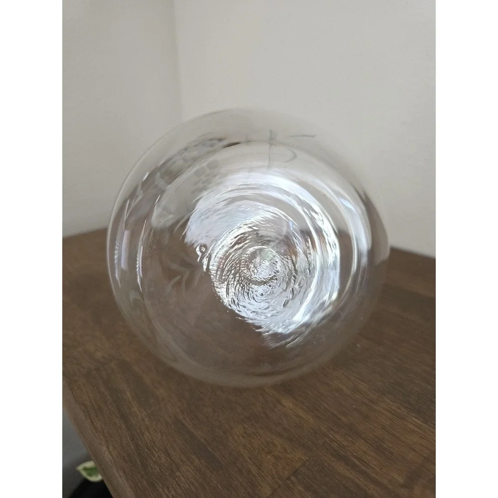 Vintage Hand Blown‎ Long Neck Etched Grapevine Clear Glass Pitcher 10.5
